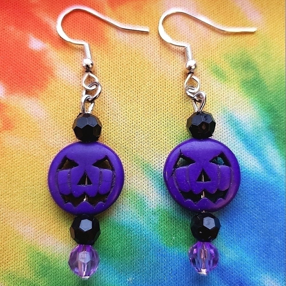Handmade Purple Black Beaded Halloween Pumpkin Dangle Earrings